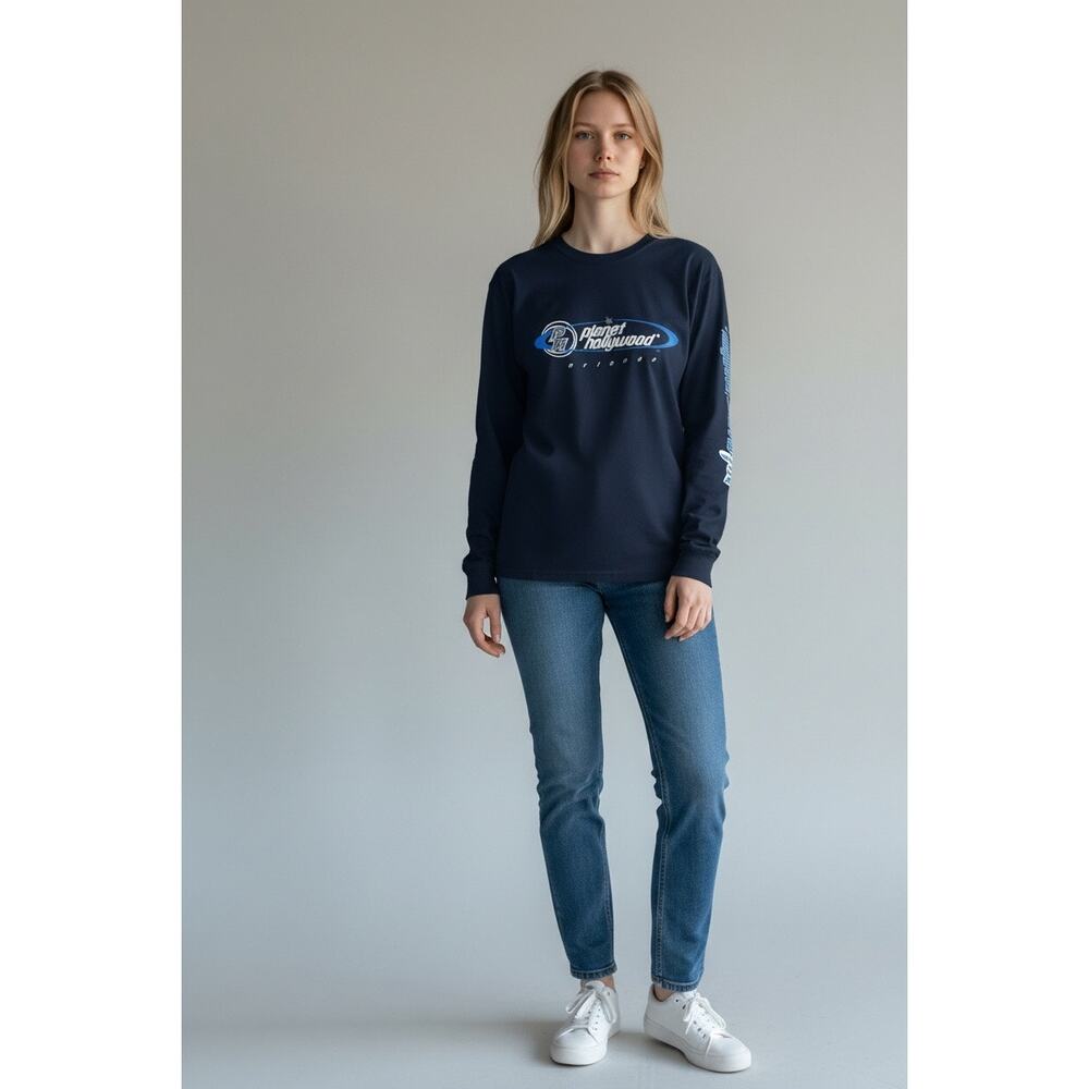 Vintage Planet Hollywood Orlando Long Sleeve Shirt Navy Blue Graphic Tee 90s L - Picture 4 of 7